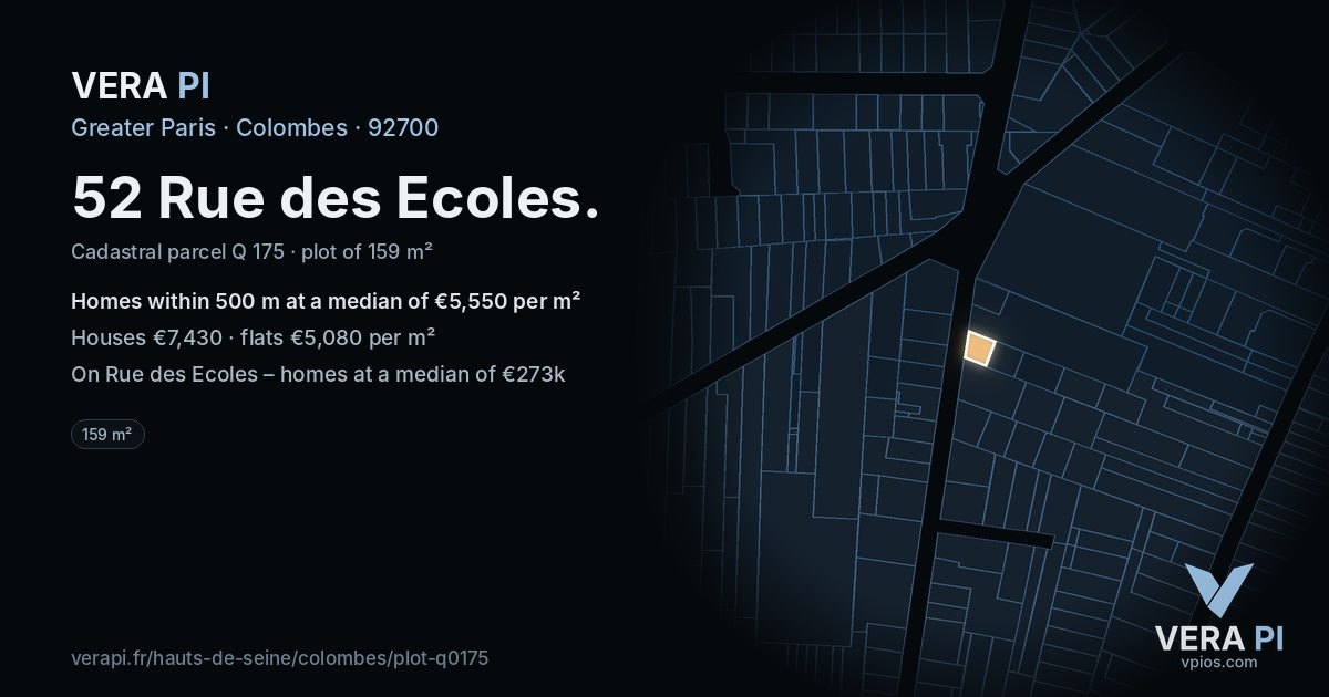 52 Rue des Ecoles, Colombes at night – the plot lit, the parcels around coloured by the prices near them