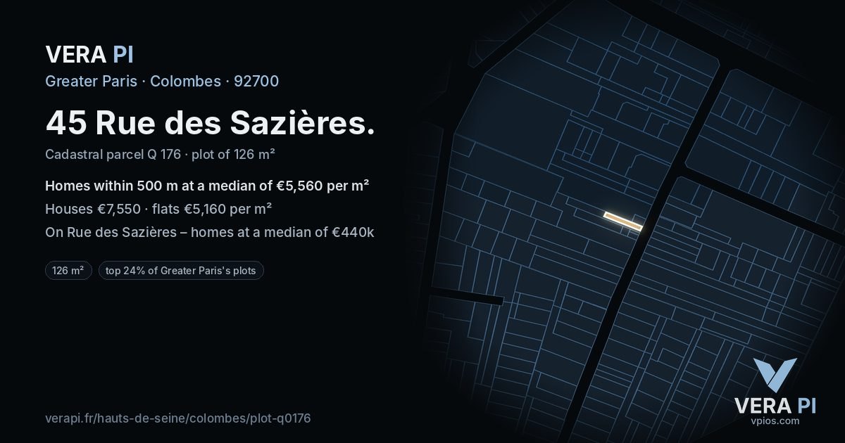 45 Rue des Sazières, Colombes at night – the plot lit, the parcels around coloured by the prices near them
