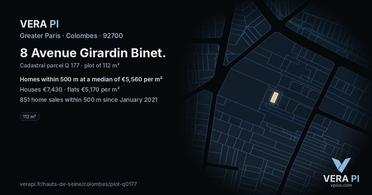 8 Avenue Girardin Binet, Colombes at night – the plot lit, the parcels around coloured by the prices near them