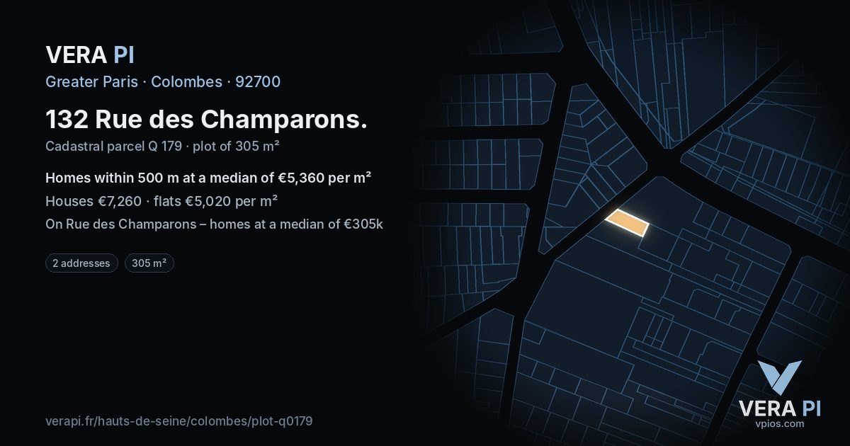 132 Rue des Champarons, Colombes at night – the plot lit, the parcels around coloured by the prices near them