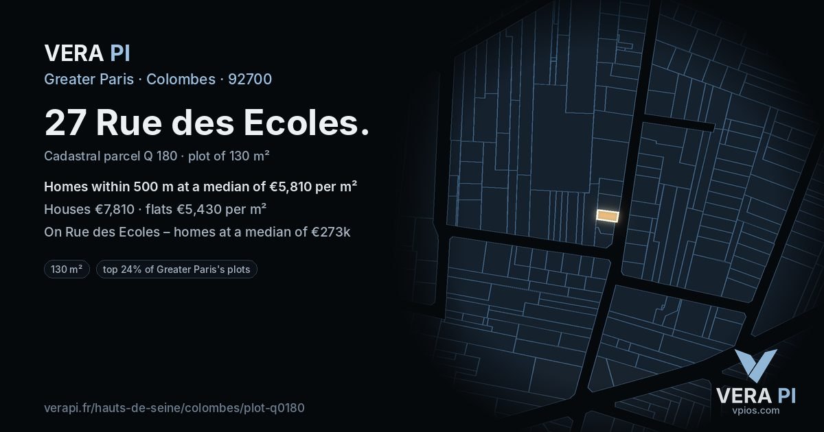 27 Rue des Ecoles, Colombes at night – the plot lit, the parcels around coloured by the prices near them