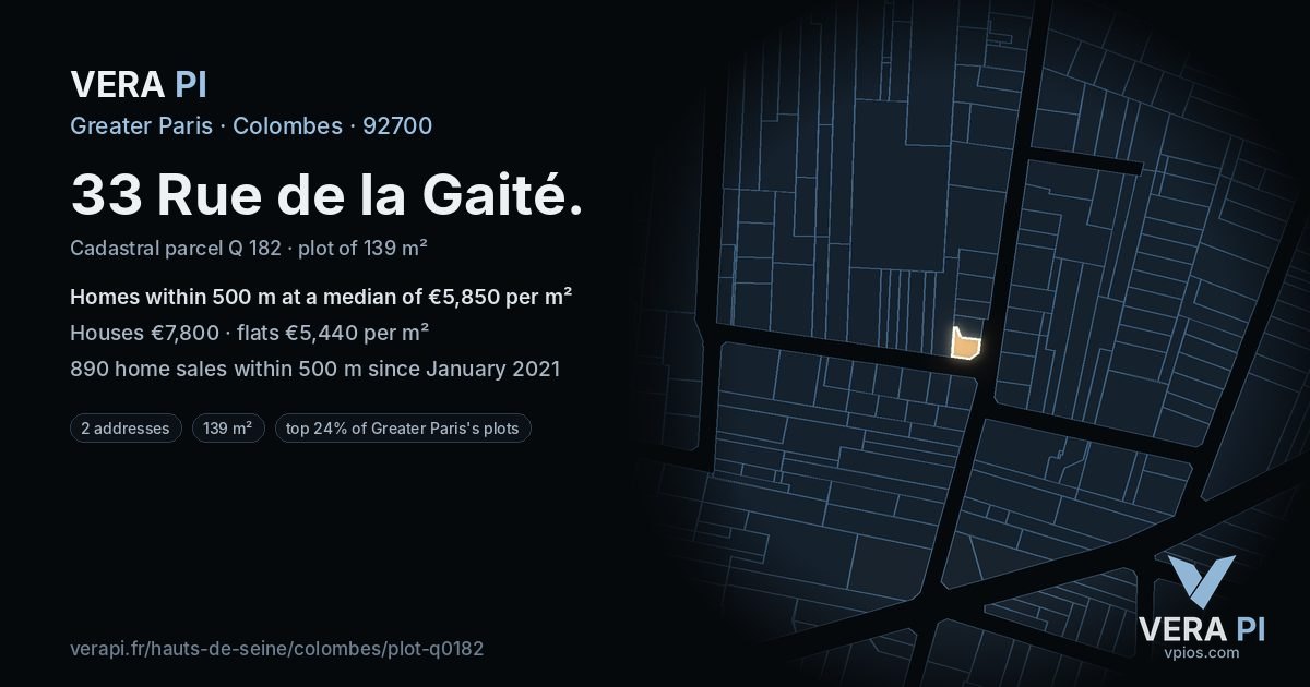 33 Rue de la Gaité, Colombes at night – the plot lit, the parcels around coloured by the prices near them