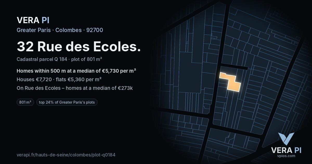 32 Rue des Ecoles, Colombes at night – the plot lit, the parcels around coloured by the prices near them