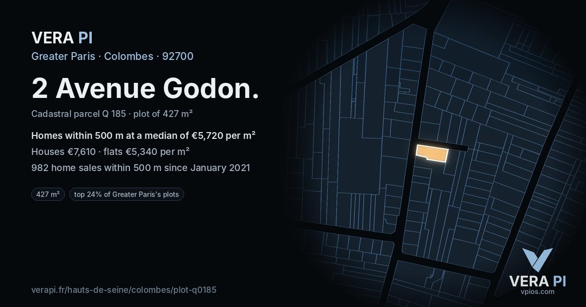 2 Avenue Godon, Colombes at night – the plot lit, the parcels around coloured by the prices near them
