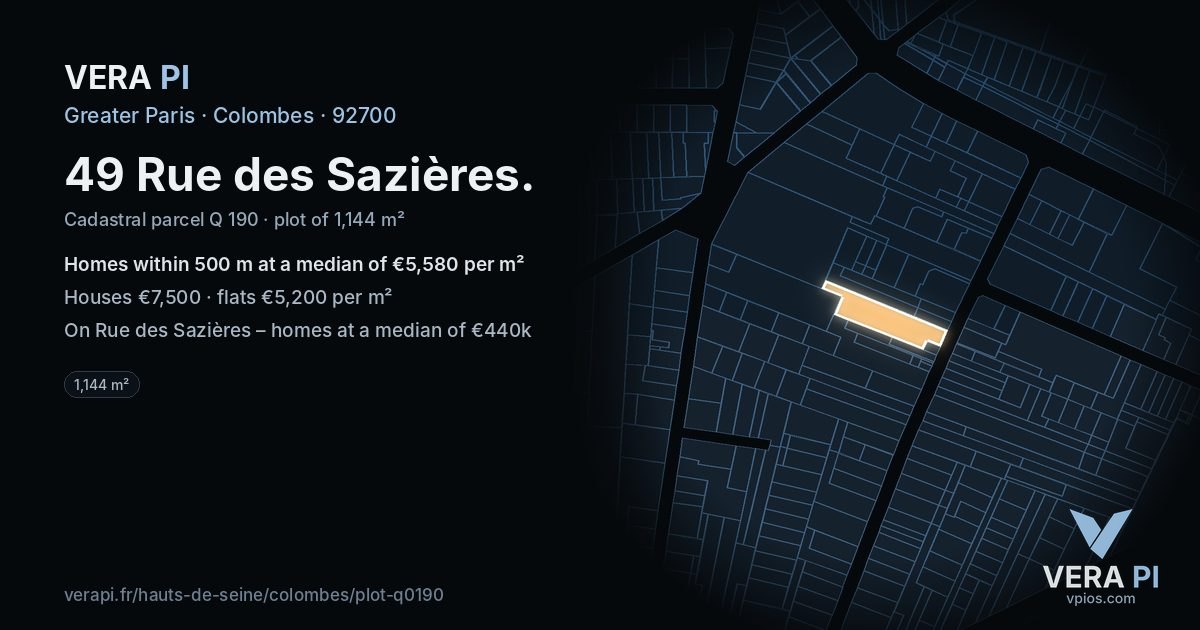 49 Rue des Sazières, Colombes at night – the plot lit, the parcels around coloured by the prices near them
