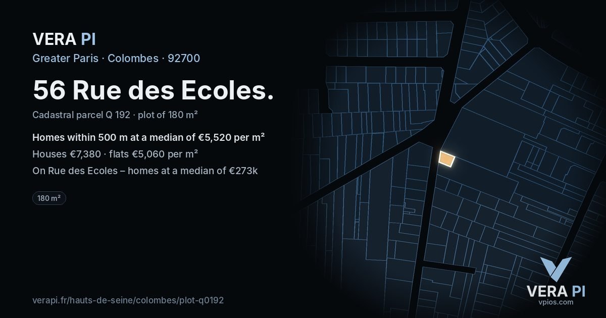 56 Rue des Ecoles, Colombes at night – the plot lit, the parcels around coloured by the prices near them