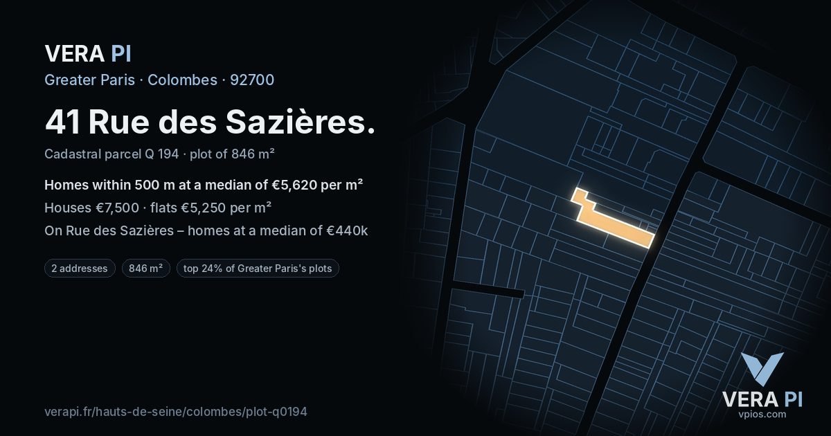 41 Rue des Sazières, Colombes at night – the plot lit, the parcels around coloured by the prices near them