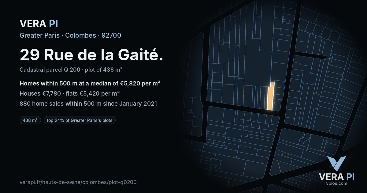 29 Rue de la Gaité, Colombes at night – the plot lit, the parcels around coloured by the prices near them