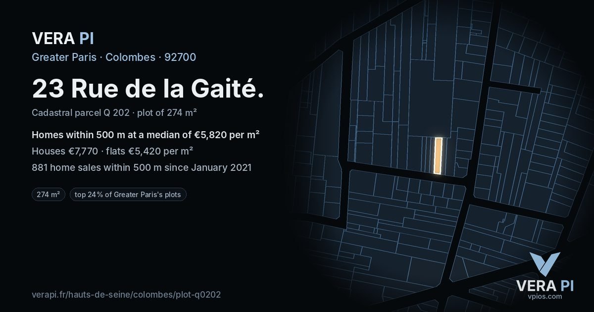 23 Rue de la Gaité, Colombes at night – the plot lit, the parcels around coloured by the prices near them