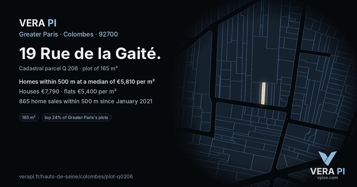 19 Rue de la Gaité, Colombes at night – the plot lit, the parcels around coloured by the prices near them
