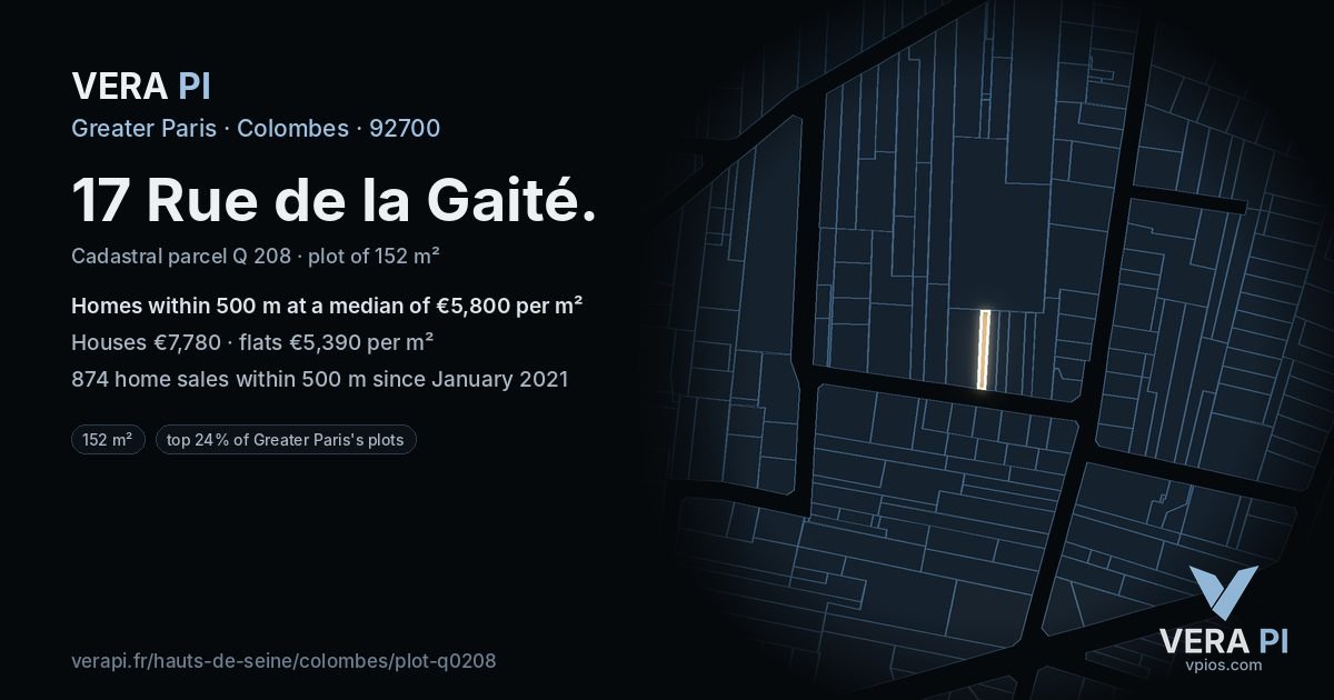 17 Rue de la Gaité, Colombes at night – the plot lit, the parcels around coloured by the prices near them