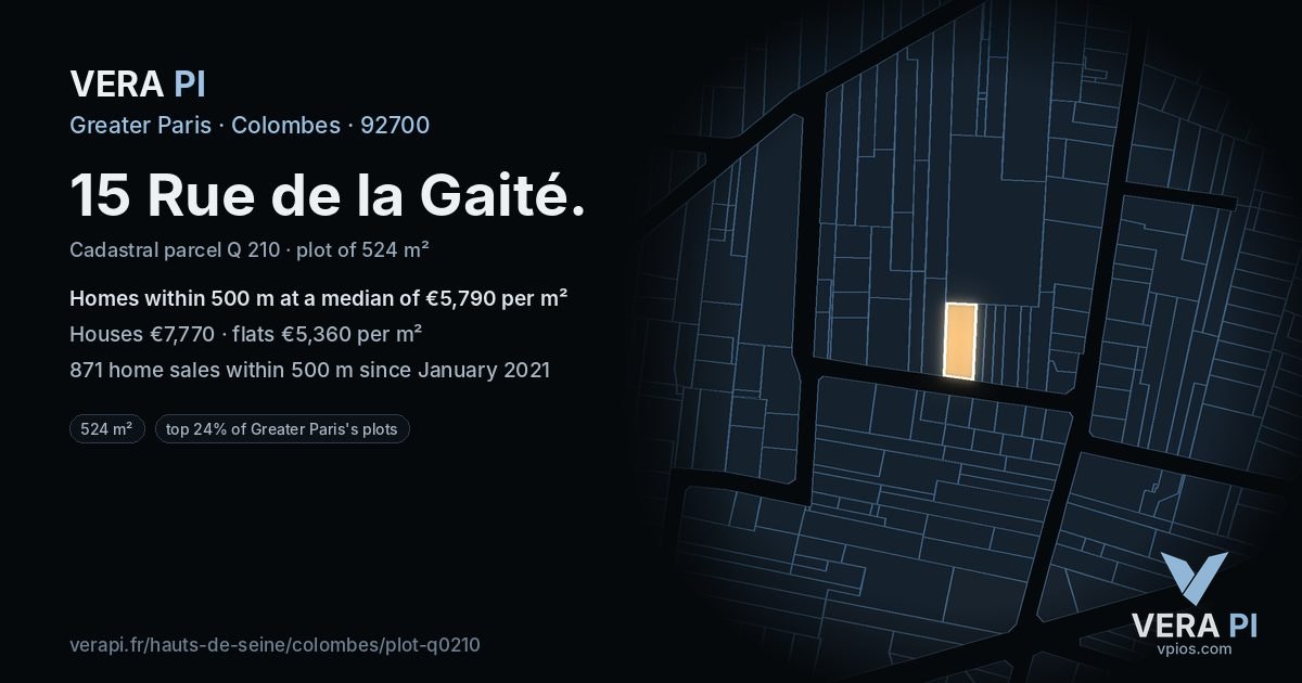 15 Rue de la Gaité, Colombes at night – the plot lit, the parcels around coloured by the prices near them