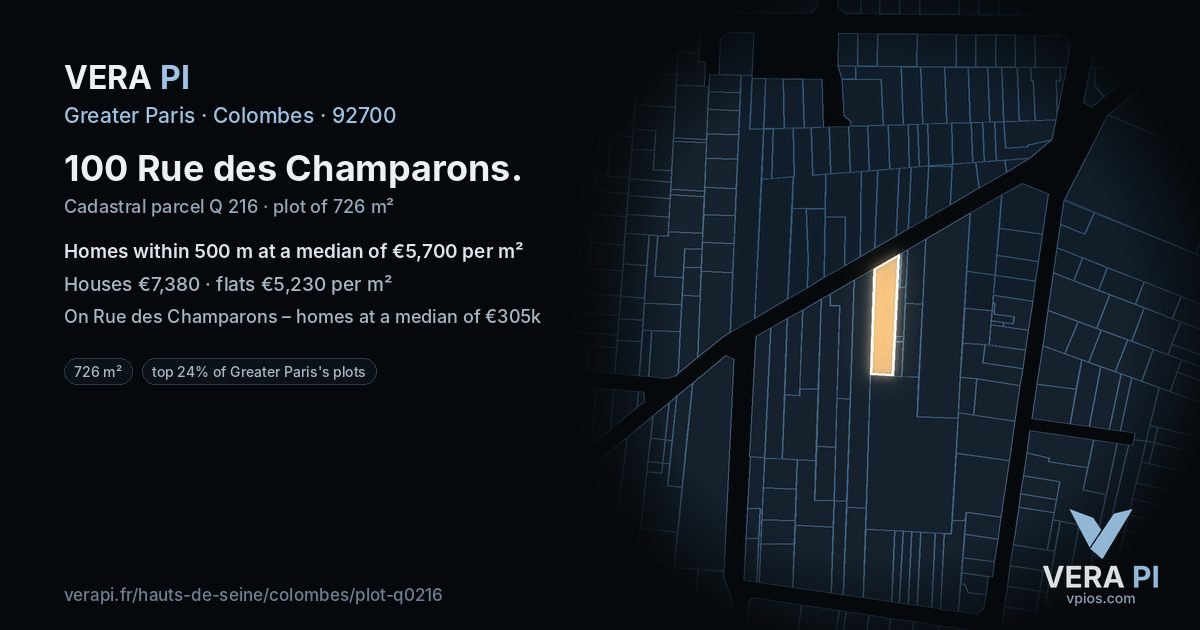 100 Rue des Champarons, Colombes at night – the plot lit, the parcels around coloured by the prices near them