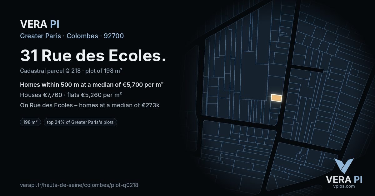 31 Rue des Ecoles, Colombes at night – the plot lit, the parcels around coloured by the prices near them