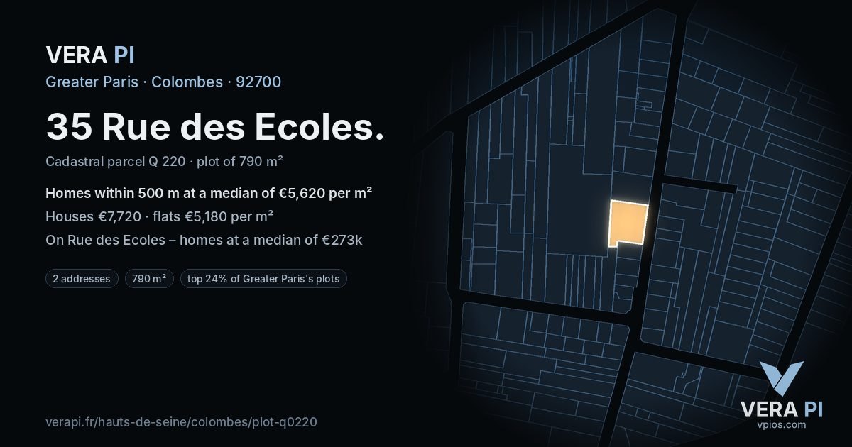35 Rue des Ecoles, Colombes at night – the plot lit, the parcels around coloured by the prices near them