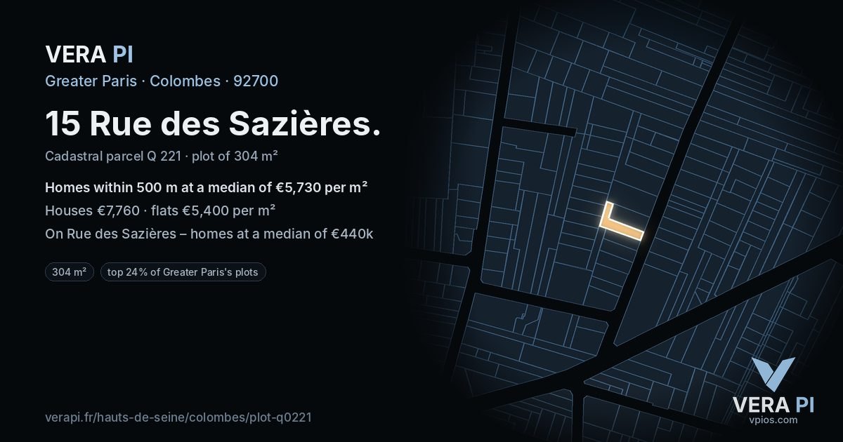 15 Rue des Sazières, Colombes at night – the plot lit, the parcels around coloured by the prices near them