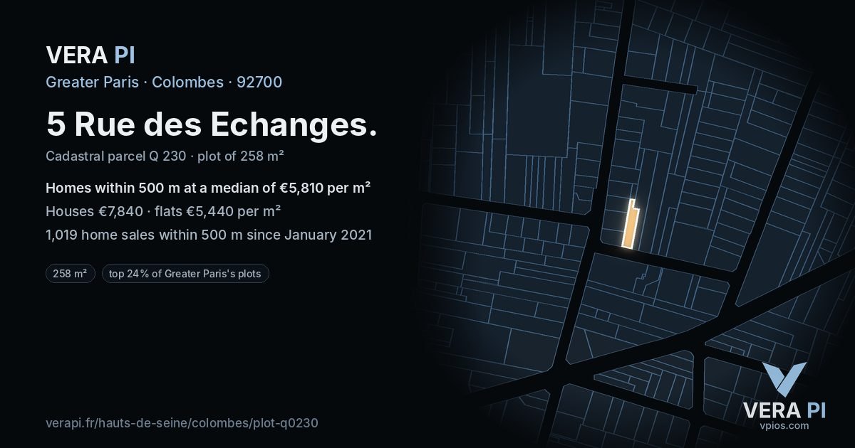 5 Rue des Echanges, Colombes at night – the plot lit, the parcels around coloured by the prices near them