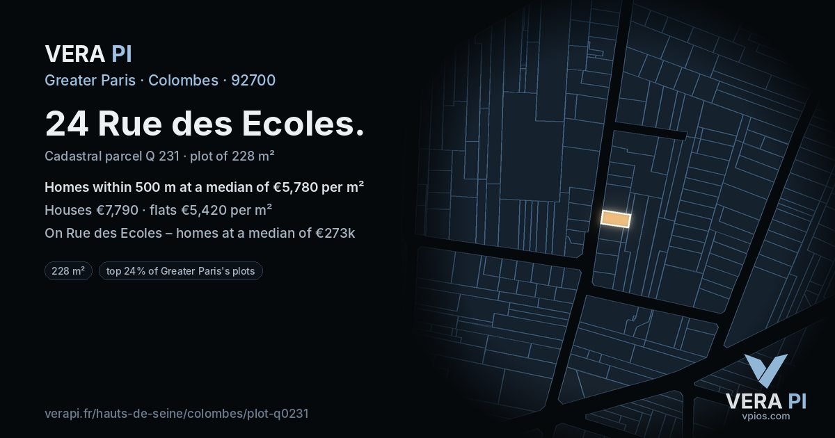 24 Rue des Ecoles, Colombes at night – the plot lit, the parcels around coloured by the prices near them