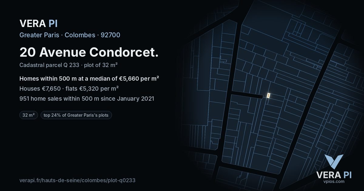 20 Avenue Condorcet, Colombes at night – the plot lit, the parcels around coloured by the prices near them
