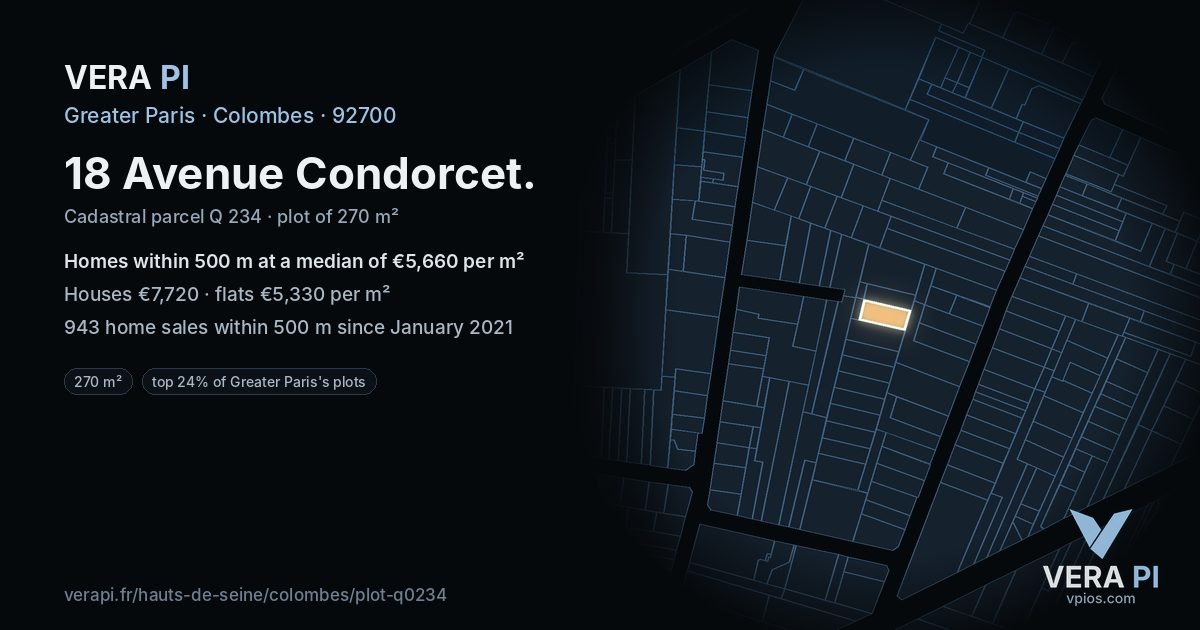 18 Avenue Condorcet, Colombes at night – the plot lit, the parcels around coloured by the prices near them