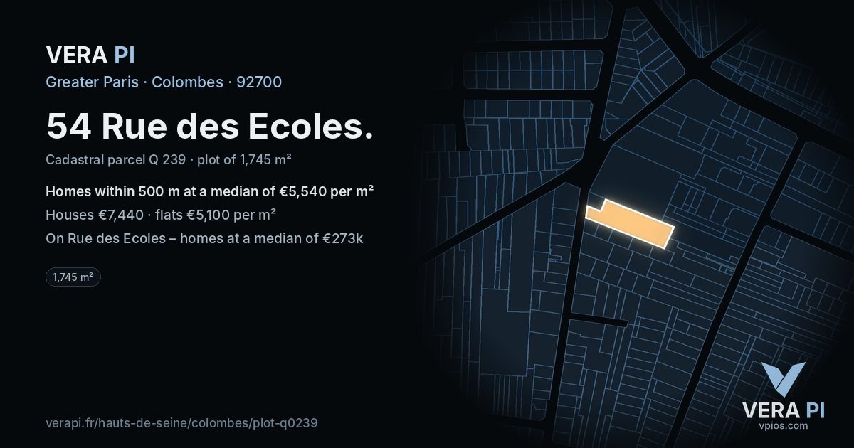 54 Rue des Ecoles, Colombes at night – the plot lit, the parcels around coloured by the prices near them
