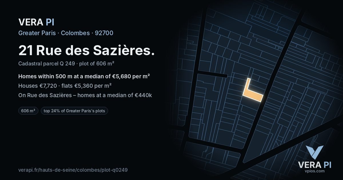 21 Rue des Sazières, Colombes at night – the plot lit, the parcels around coloured by the prices near them
