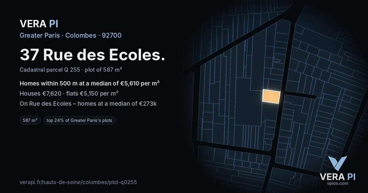 37 Rue des Ecoles, Colombes at night – the plot lit, the parcels around coloured by the prices near them