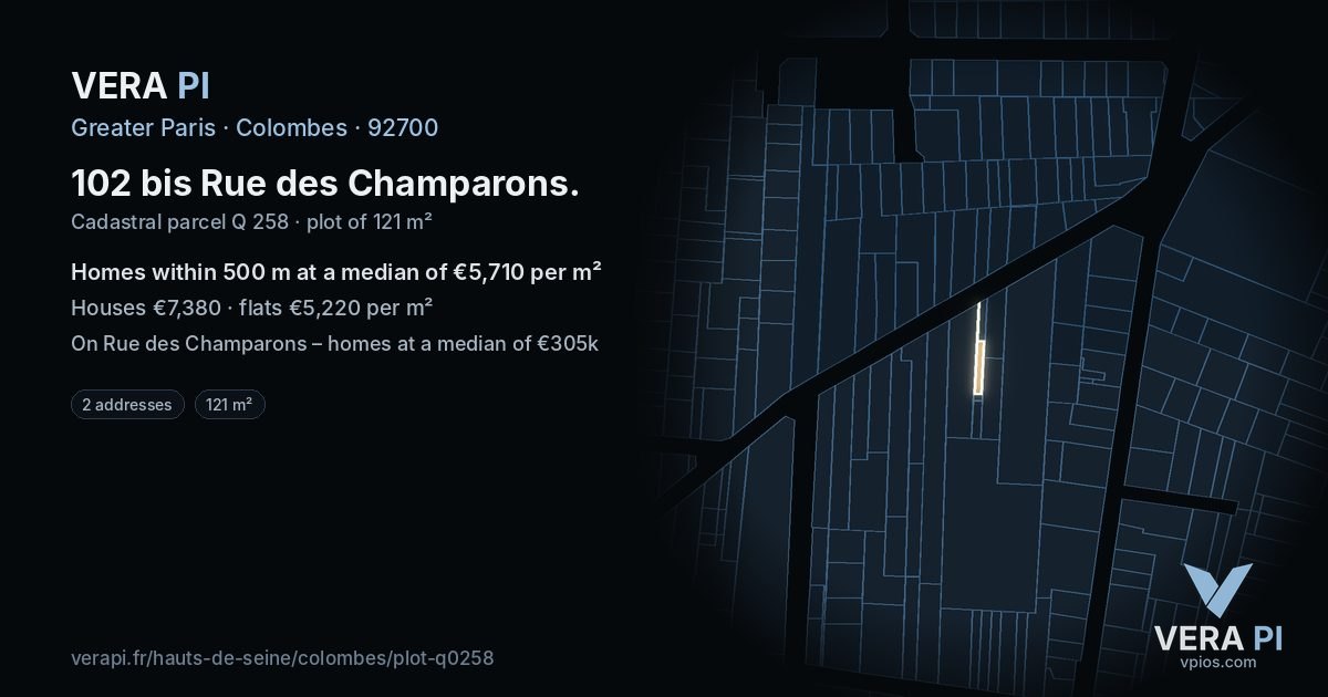 102 bis Rue des Champarons, Colombes at night – the plot lit, the parcels around coloured by the prices near them