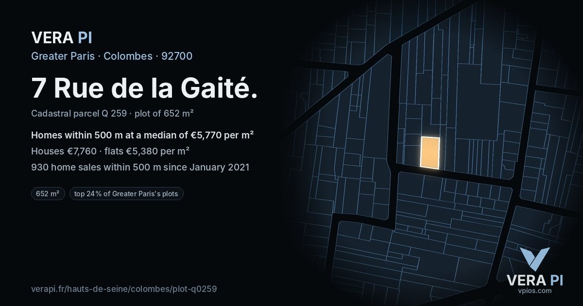 7 Rue de la Gaité, Colombes at night – the plot lit, the parcels around coloured by the prices near them