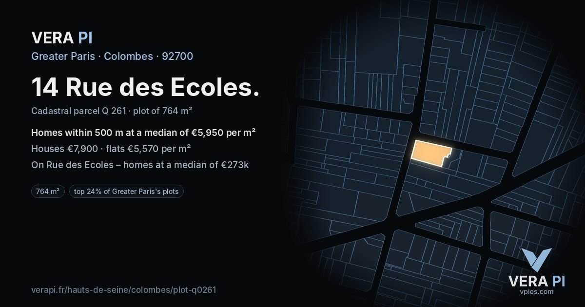 14 Rue des Ecoles, Colombes at night – the plot lit, the parcels around coloured by the prices near them