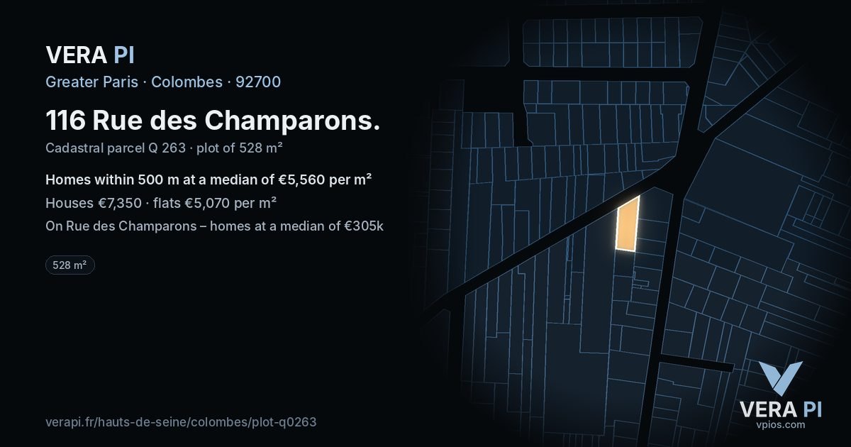 116 Rue des Champarons, Colombes at night – the plot lit, the parcels around coloured by the prices near them