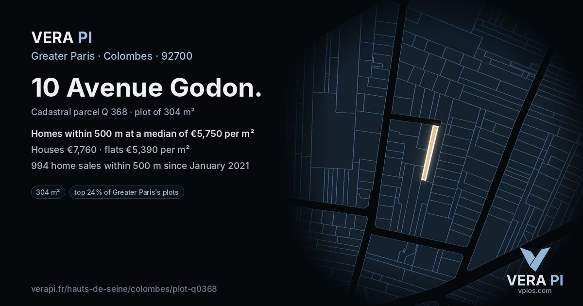 10 Avenue Godon, Colombes at night – the plot lit, the parcels around coloured by the prices near them