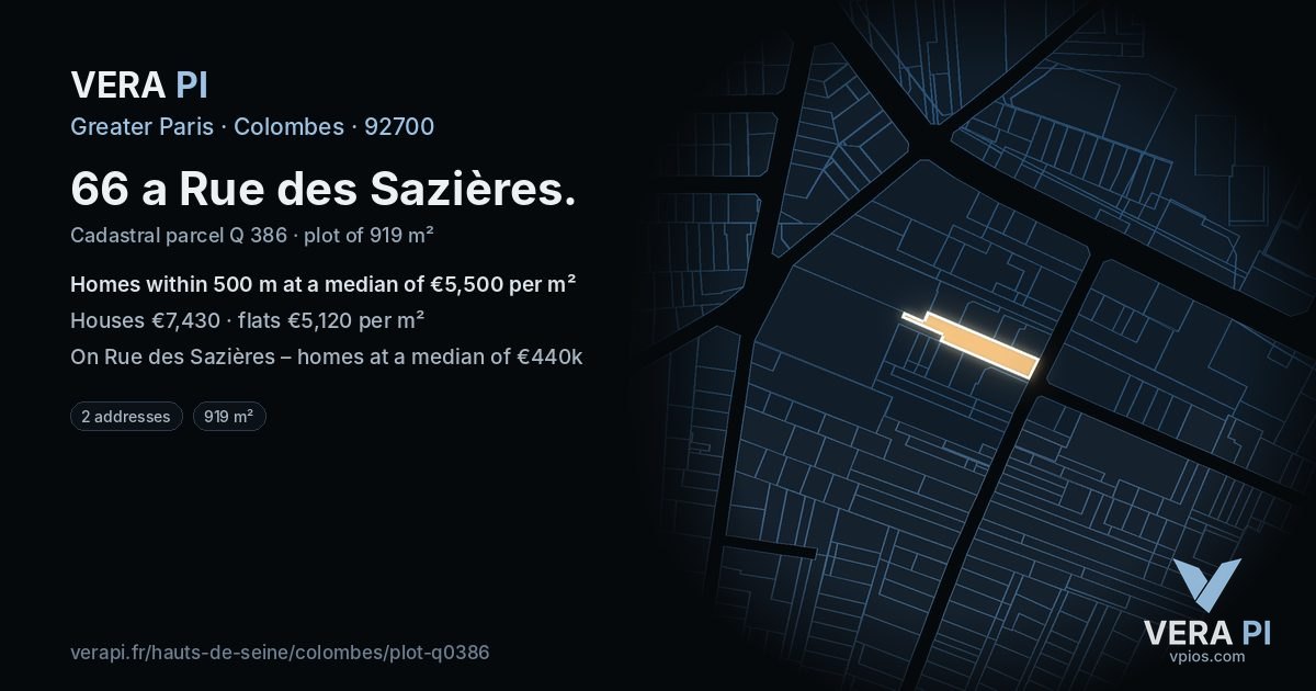 66 a Rue des Sazières, Colombes at night – the plot lit, the parcels around coloured by the prices near them