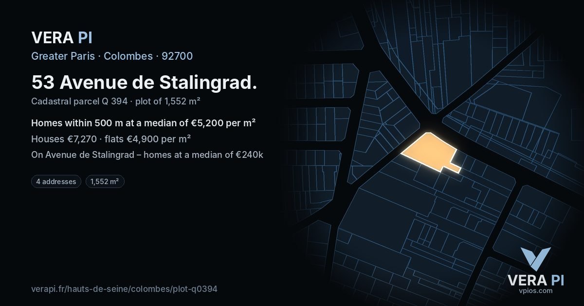 53 Avenue de Stalingrad, Colombes at night – the plot lit, the parcels around coloured by the prices near them