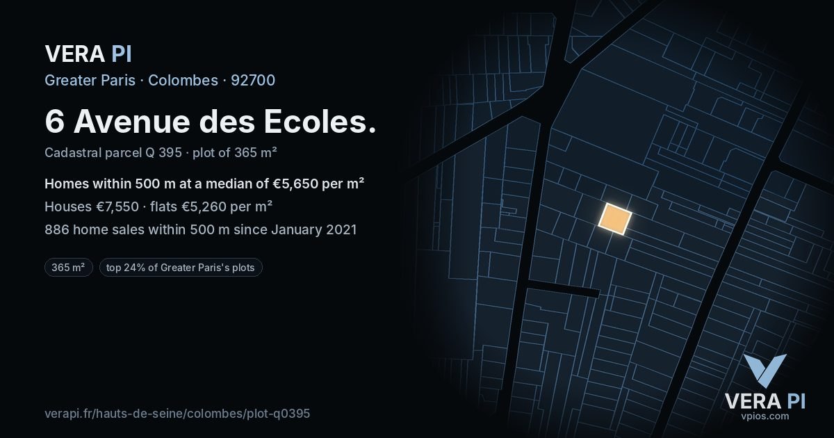 6 Avenue des Ecoles, Colombes at night – the plot lit, the parcels around coloured by the prices near them