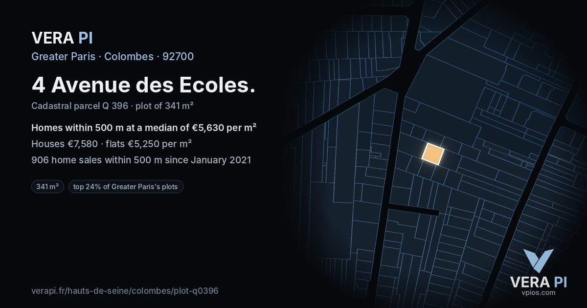 4 Avenue des Ecoles, Colombes at night – the plot lit, the parcels around coloured by the prices near them