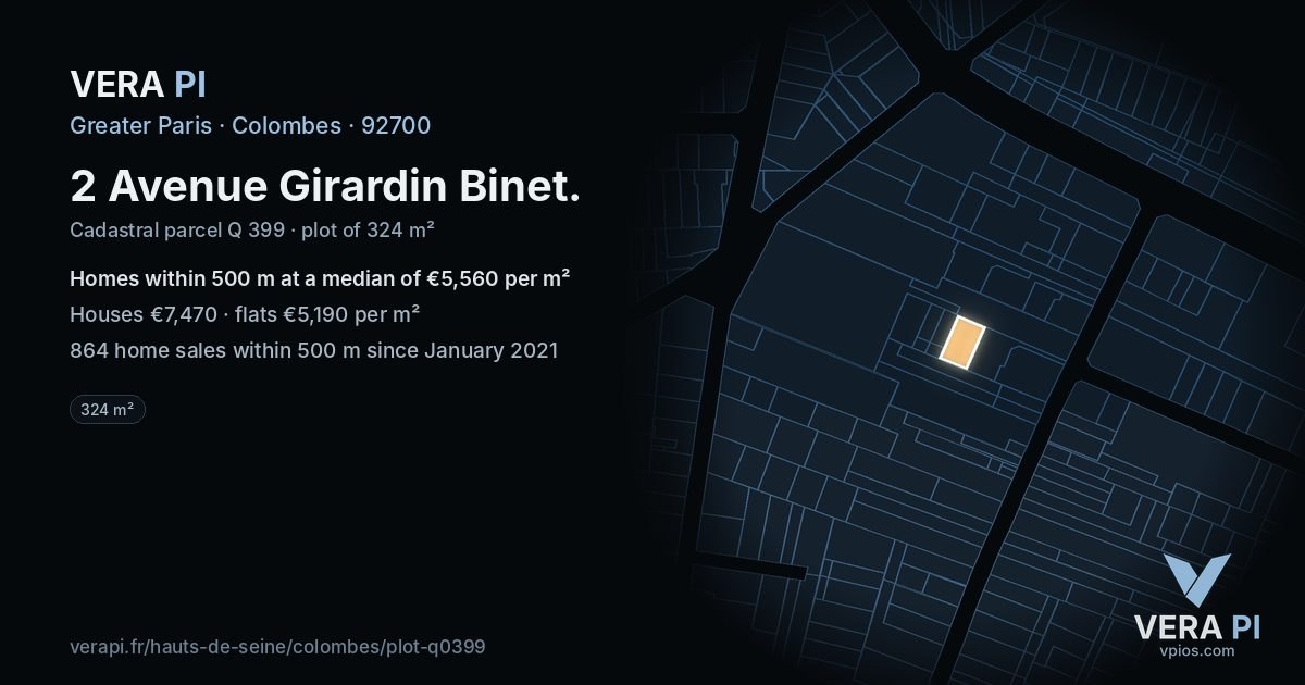 2 Avenue Girardin Binet, Colombes at night – the plot lit, the parcels around coloured by the prices near them