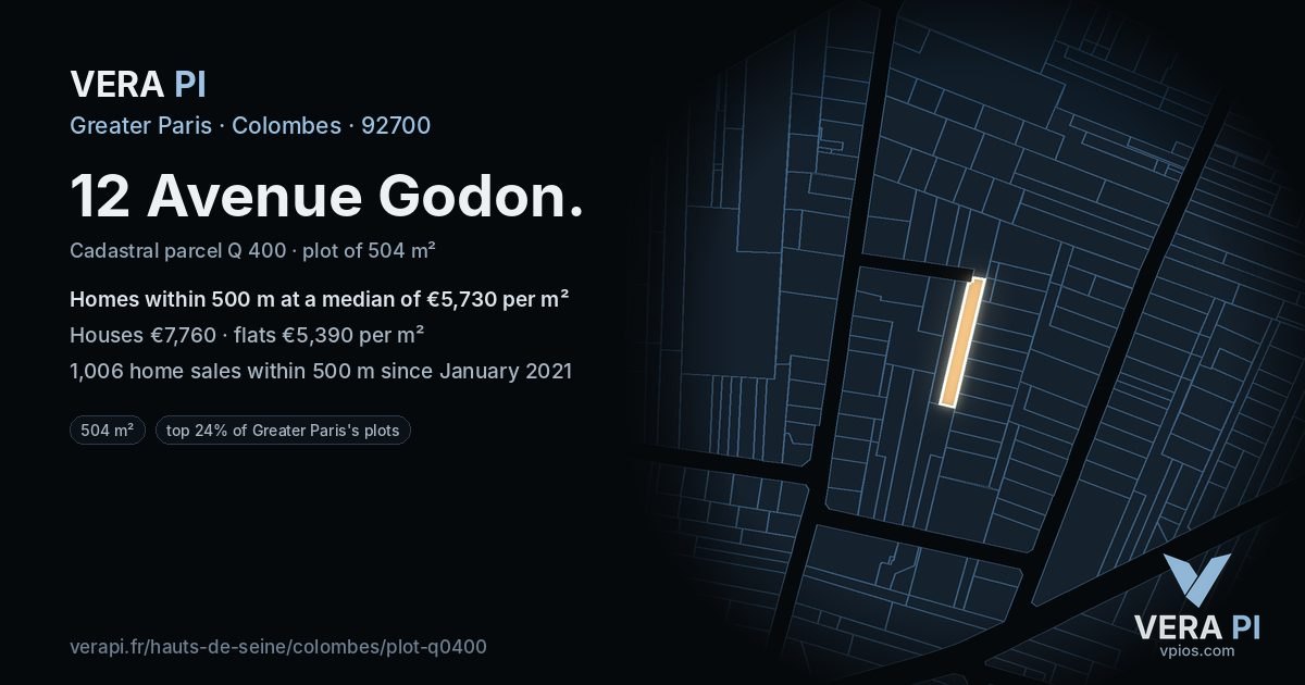 12 Avenue Godon, Colombes at night – the plot lit, the parcels around coloured by the prices near them