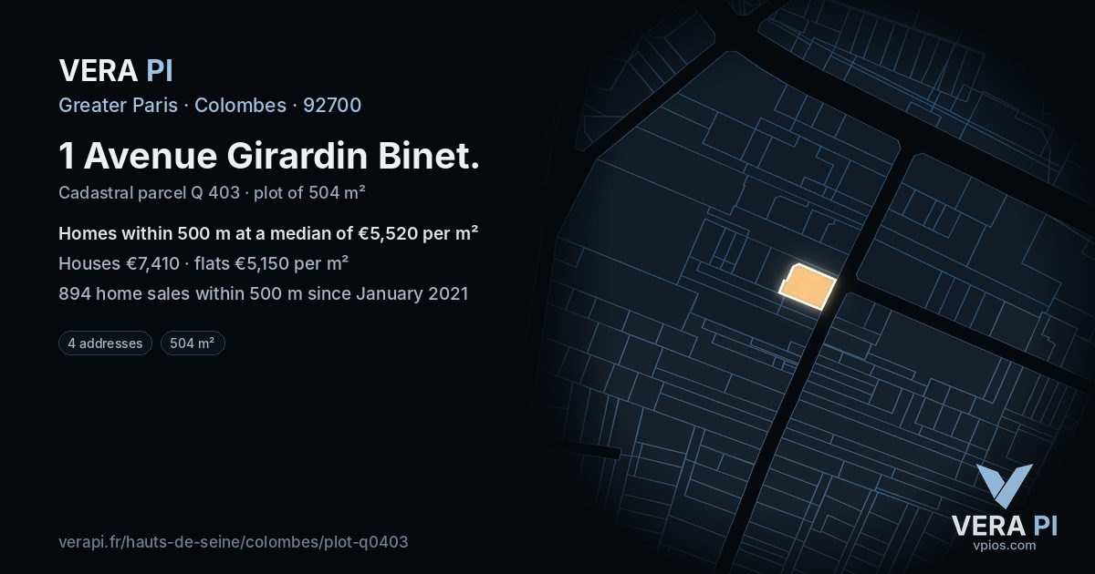 1 Avenue Girardin Binet, Colombes at night – the plot lit, the parcels around coloured by the prices near them