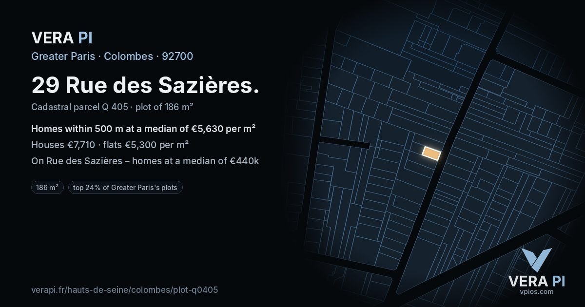 29 Rue des Sazières, Colombes at night – the plot lit, the parcels around coloured by the prices near them