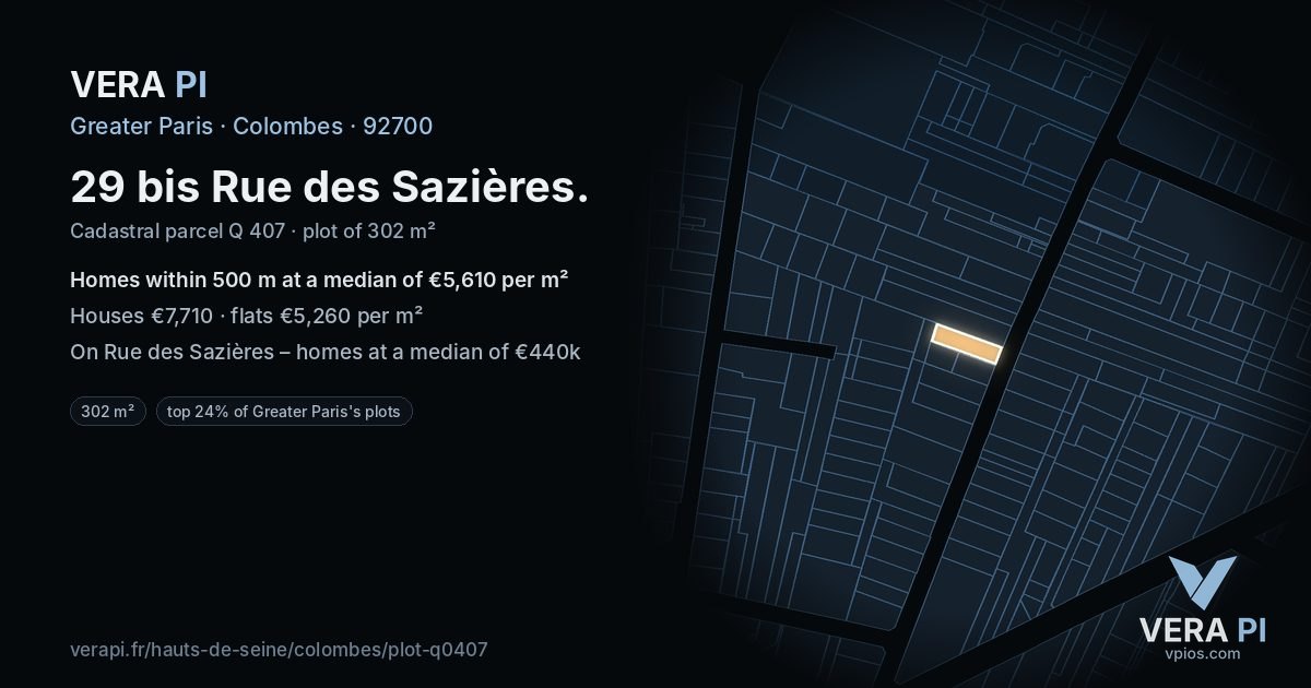 29 bis Rue des Sazières, Colombes at night – the plot lit, the parcels around coloured by the prices near them