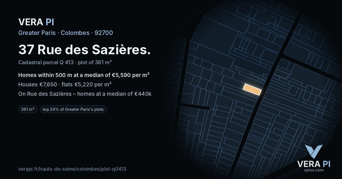 37 Rue des Sazières, Colombes at night – the plot lit, the parcels around coloured by the prices near them