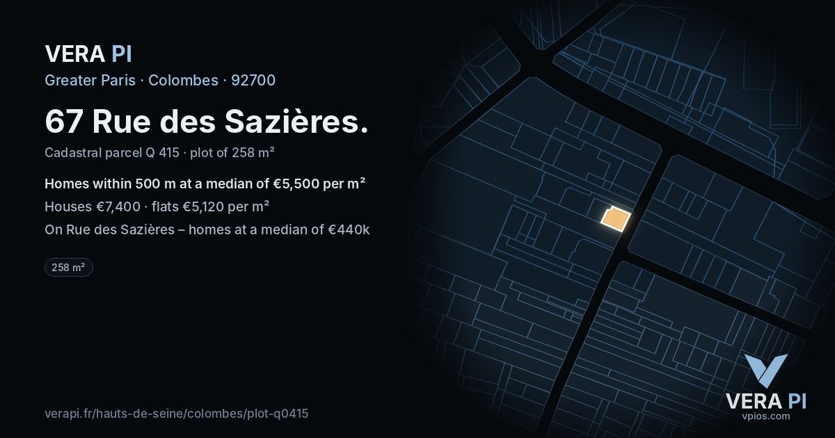 67 Rue des Sazières, Colombes at night – the plot lit, the parcels around coloured by the prices near them
