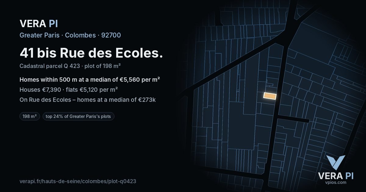 41 bis Rue des Ecoles, Colombes at night – the plot lit, the parcels around coloured by the prices near them