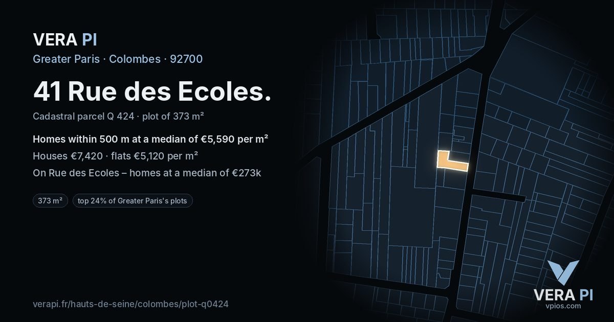 41 Rue des Ecoles, Colombes at night – the plot lit, the parcels around coloured by the prices near them