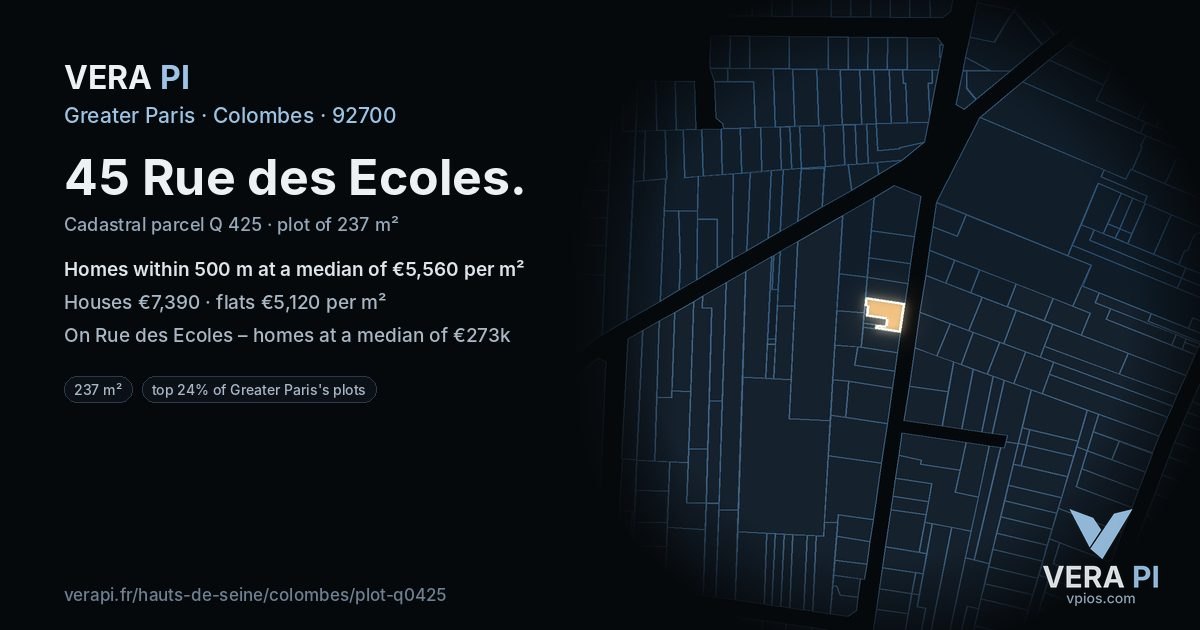 45 Rue des Ecoles, Colombes at night – the plot lit, the parcels around coloured by the prices near them