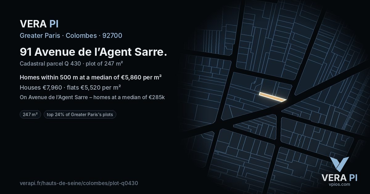 91 Avenue de l’Agent Sarre, Colombes at night – the plot lit, the parcels around coloured by the prices near them