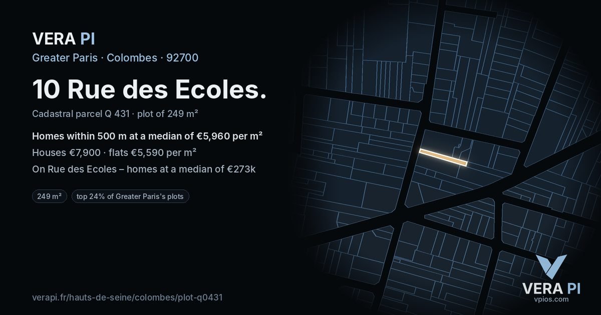 10 Rue des Ecoles, Colombes at night – the plot lit, the parcels around coloured by the prices near them