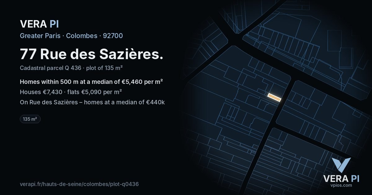 77 Rue des Sazières, Colombes at night – the plot lit, the parcels around coloured by the prices near them