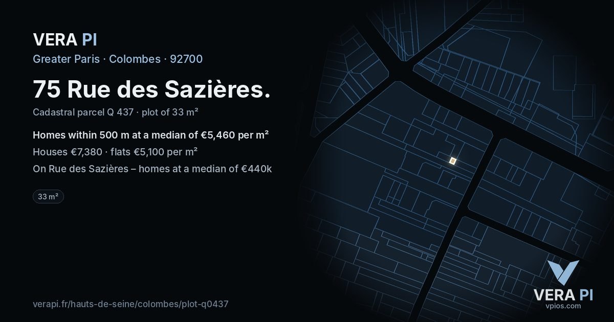 75 Rue des Sazières, Colombes at night – the plot lit, the parcels around coloured by the prices near them